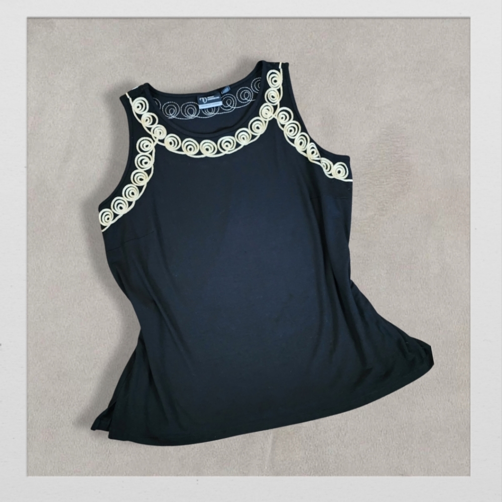 Black Tank Top with Gold Swirl Embroidery, Women's 1X